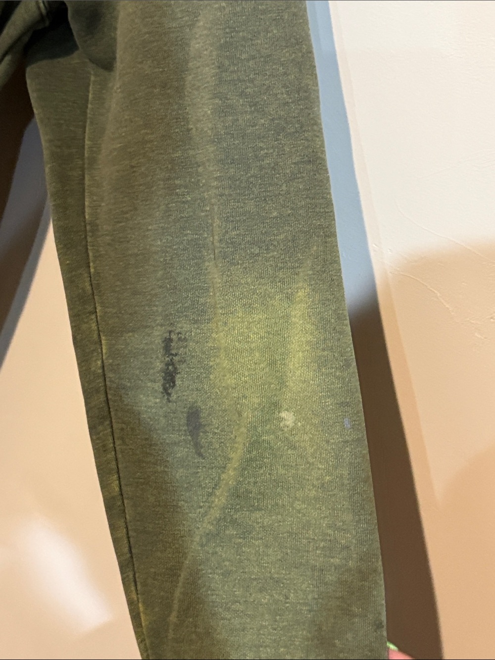 Carhartt Olive Green Crewneck Hoodie with Neon Yellow Sleeve Logo - Picture 3 of 5